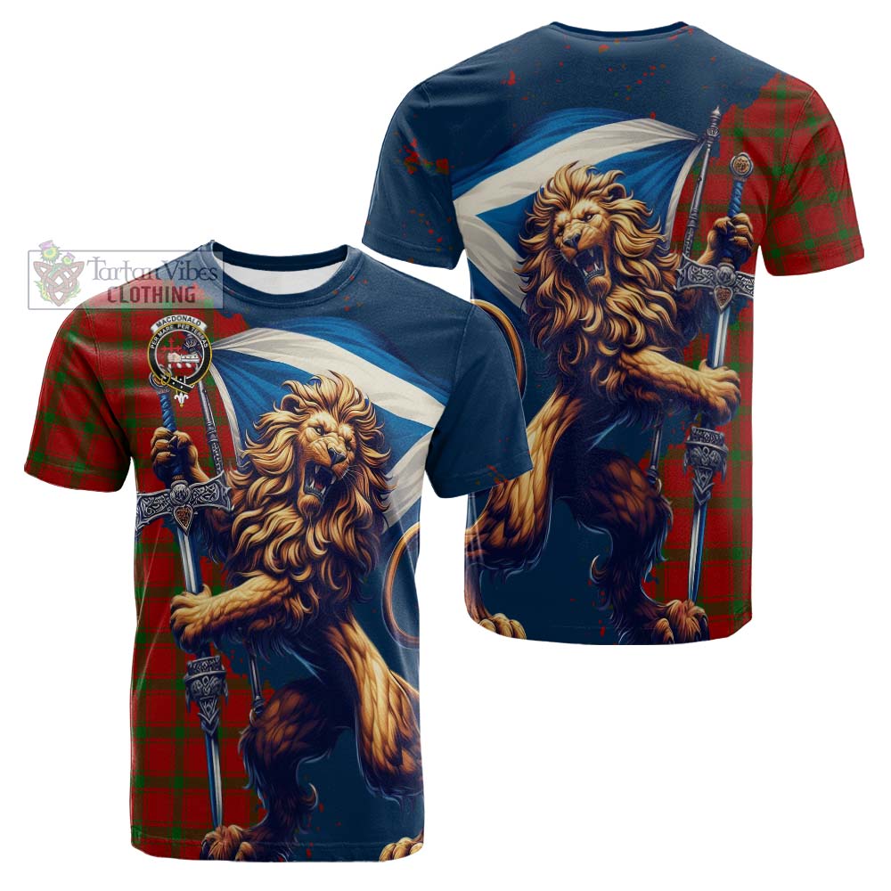 Tartan Vibes Clothing MacDonald (McDonald) of Sleat Tartan Family Crest Cotton T-shirt with Scottish Majestic Lion