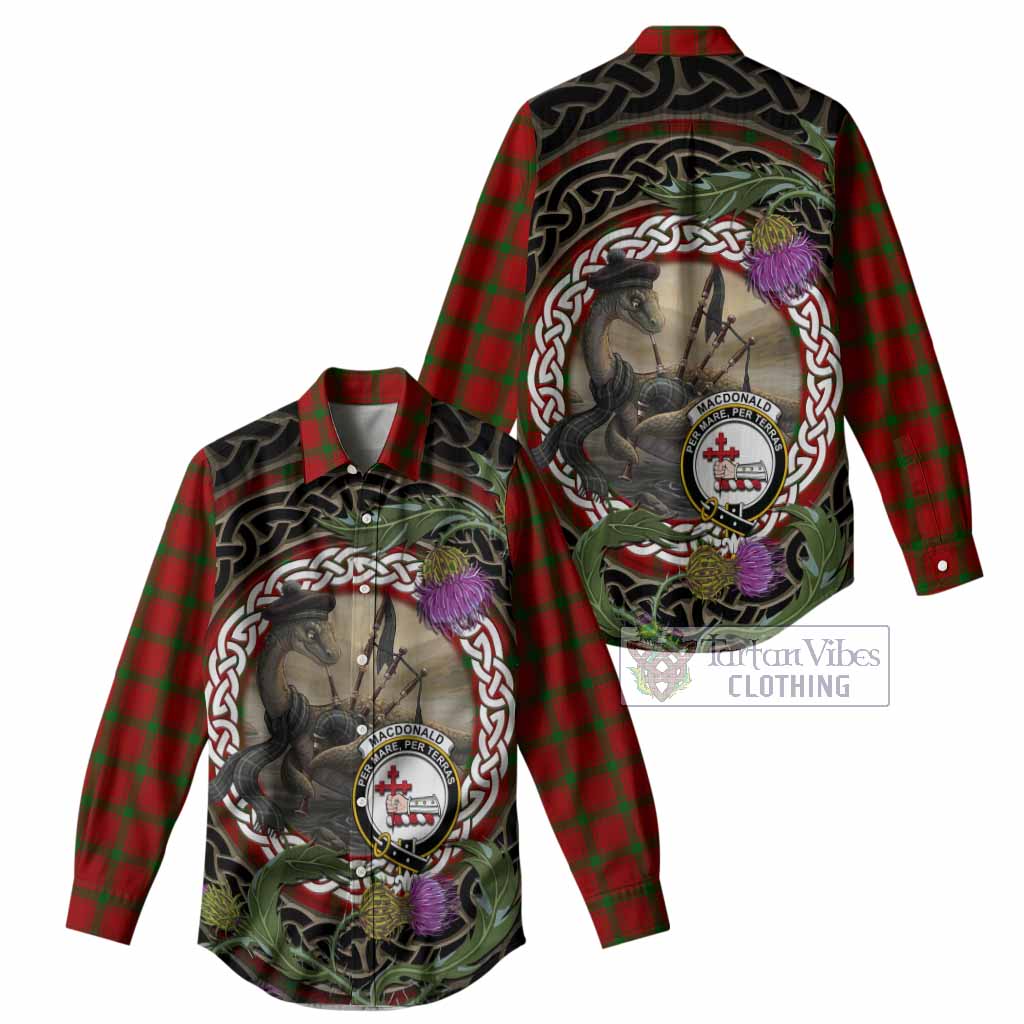 MacDonald (McDonald) of Sleat Tartan Crest Bagpipe Nessie Women Casual Shirt Scottish Loch Ness Monster Celtic Thistle