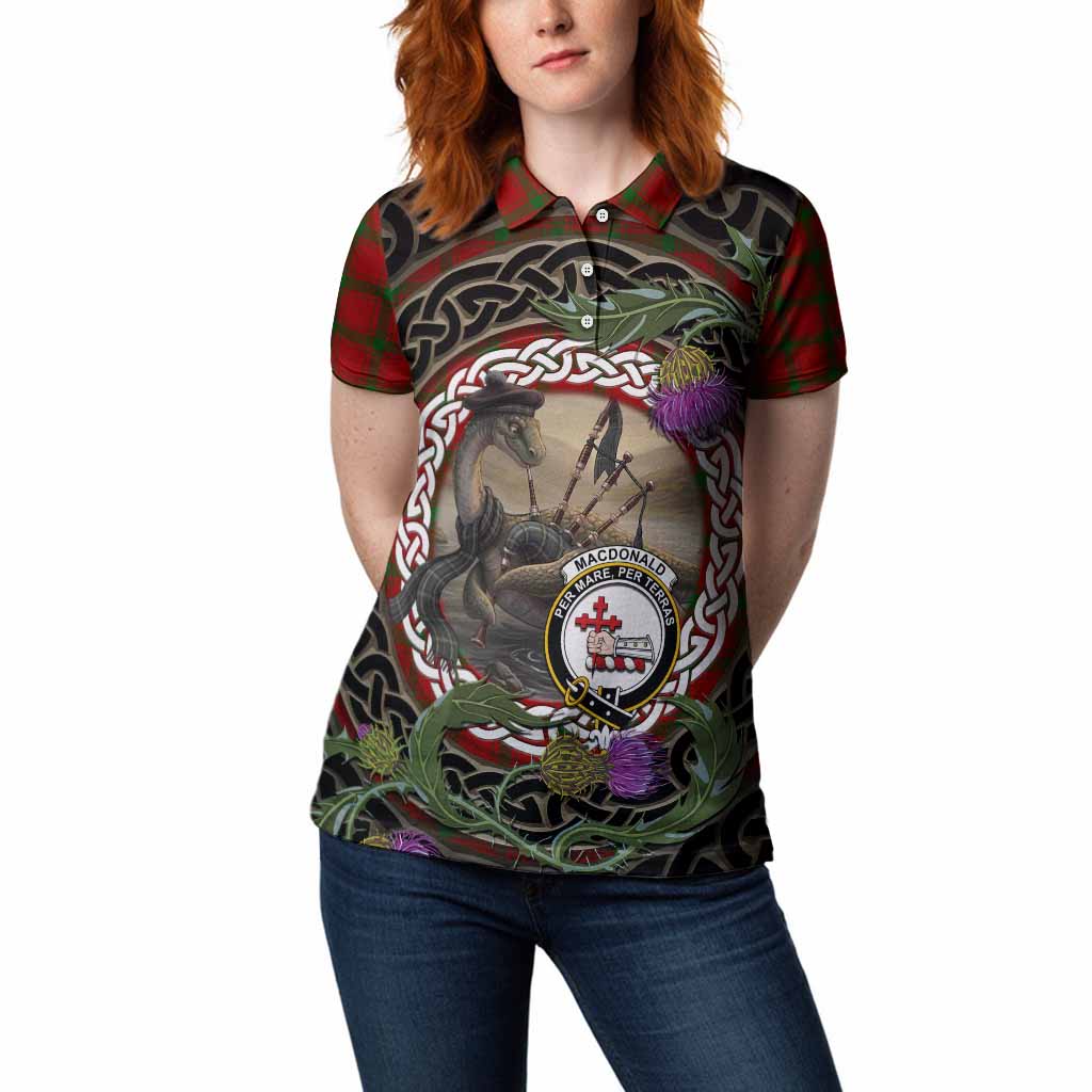 MacDonald (McDonald) of Sleat Tartan Crest Bagpipe Nessie Women Polo Shirt Scottish Loch Ness Monster Celtic Thistle