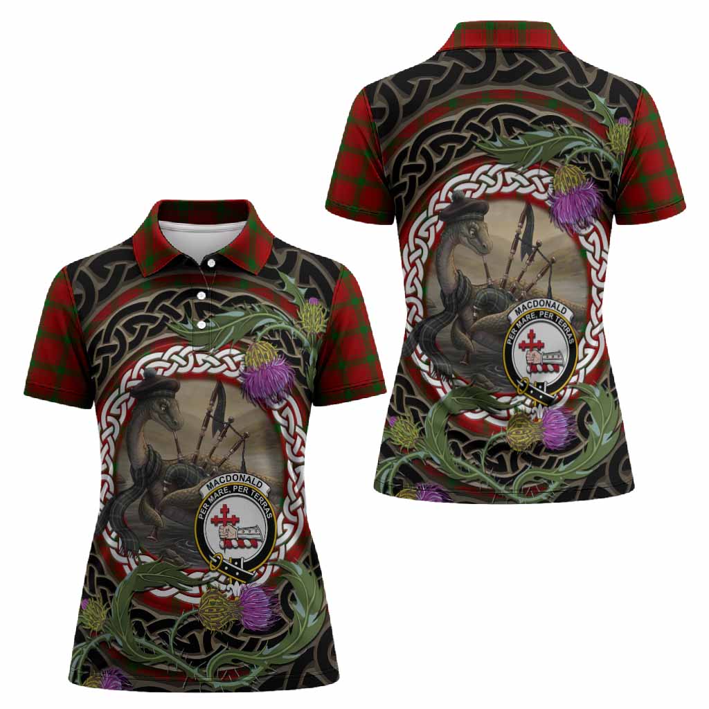 MacDonald (McDonald) of Sleat Tartan Crest Bagpipe Nessie Women Polo Shirt Scottish Loch Ness Monster Celtic Thistle