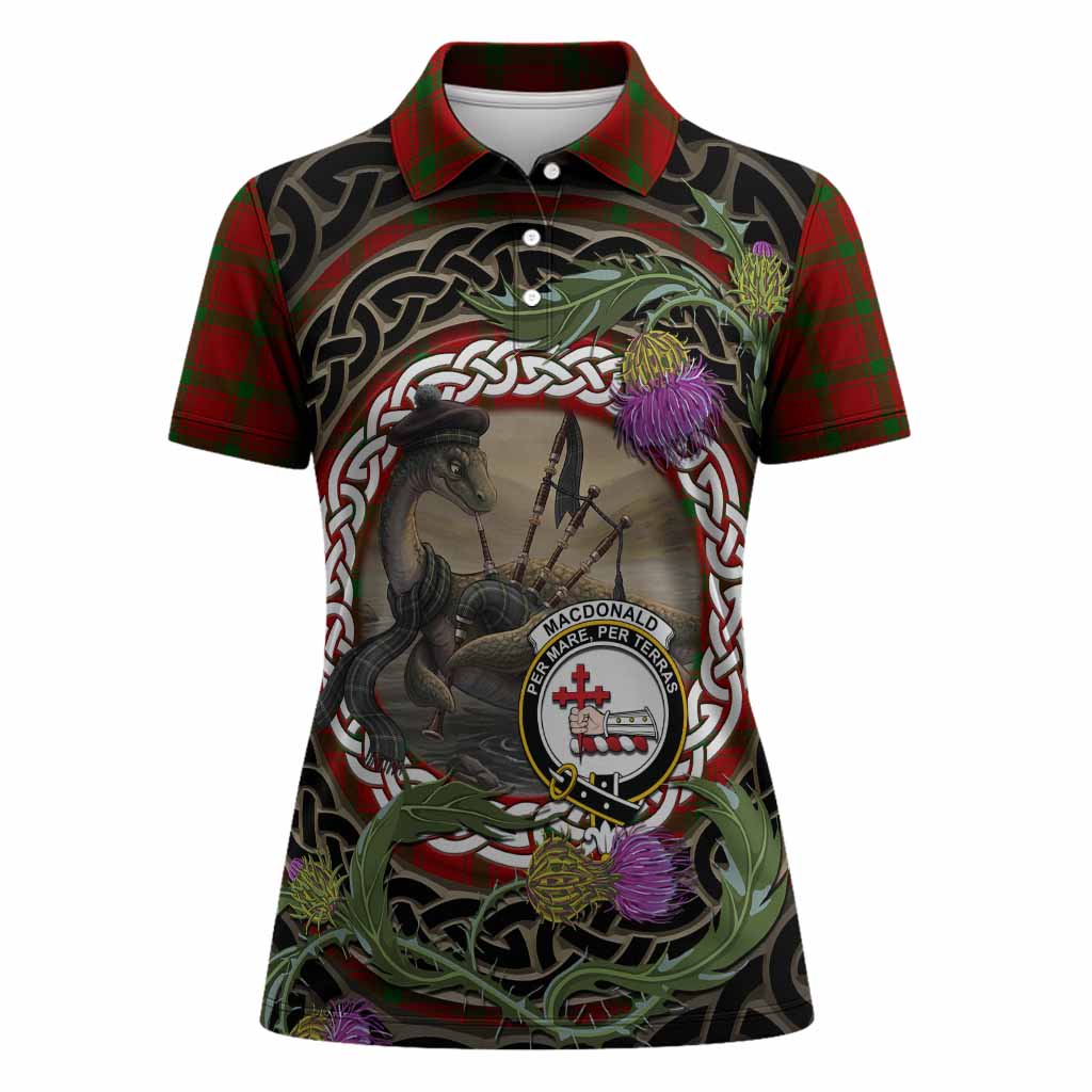 MacDonald (McDonald) of Sleat Tartan Crest Bagpipe Nessie Women Polo Shirt Scottish Loch Ness Monster Celtic Thistle