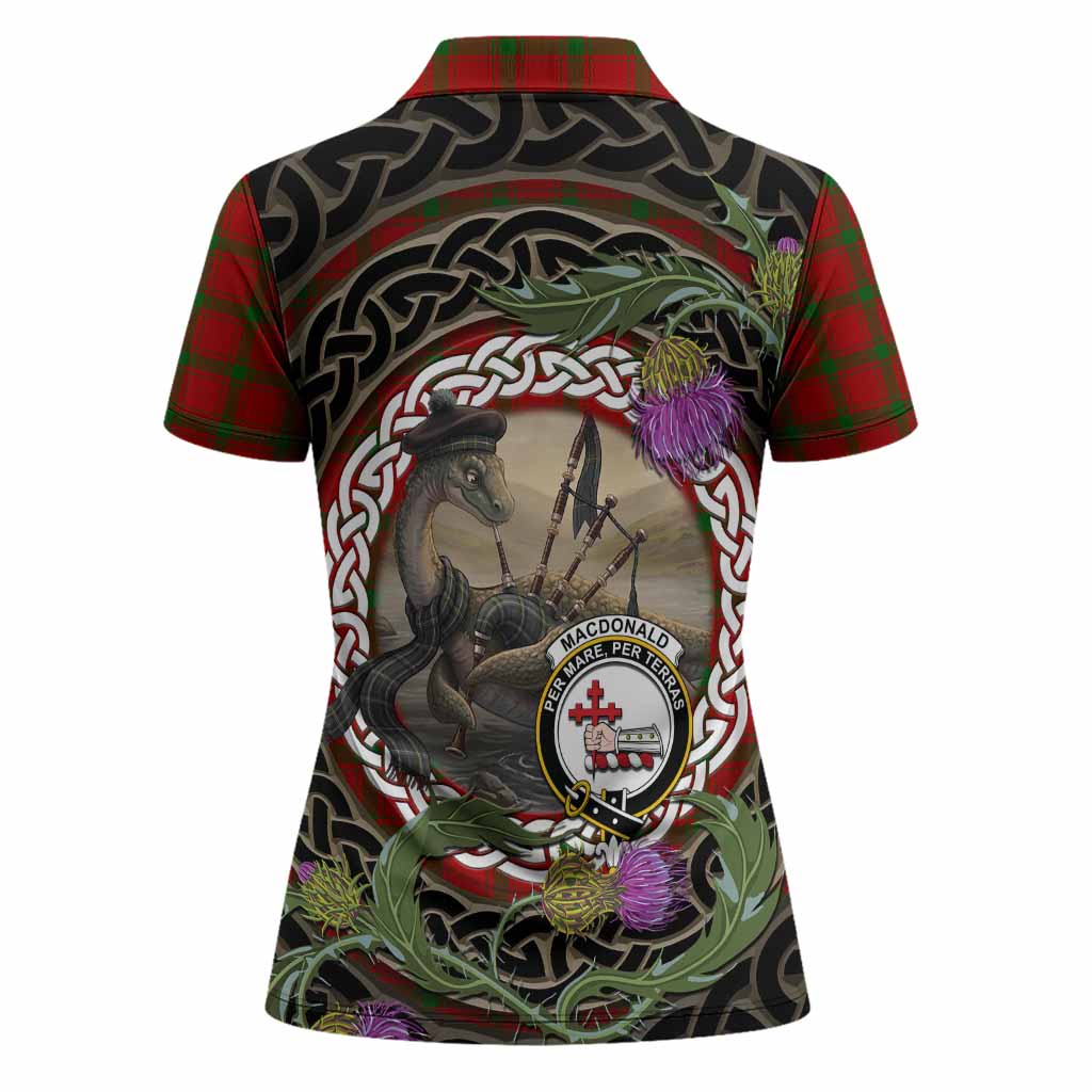 MacDonald (McDonald) of Sleat Tartan Crest Bagpipe Nessie Women Polo Shirt Scottish Loch Ness Monster Celtic Thistle
