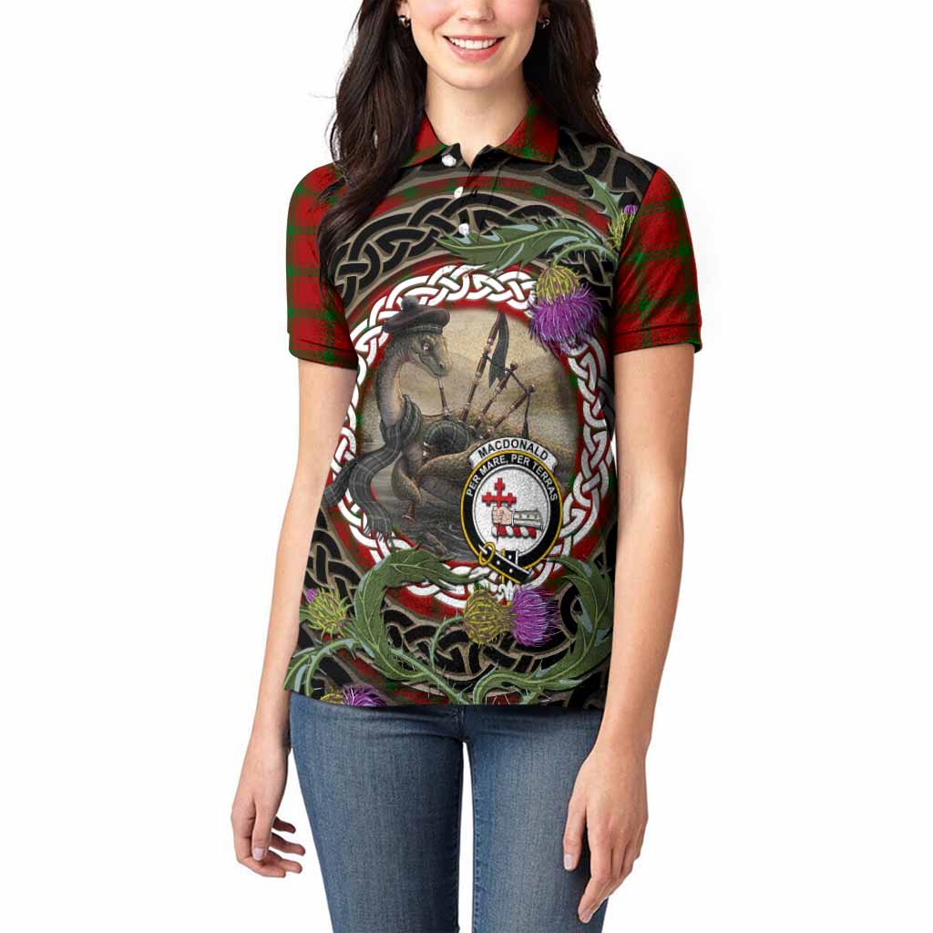 MacDonald (McDonald) of Sleat Tartan Crest Bagpipe Nessie Women Polo Shirt Scottish Loch Ness Monster Celtic Thistle