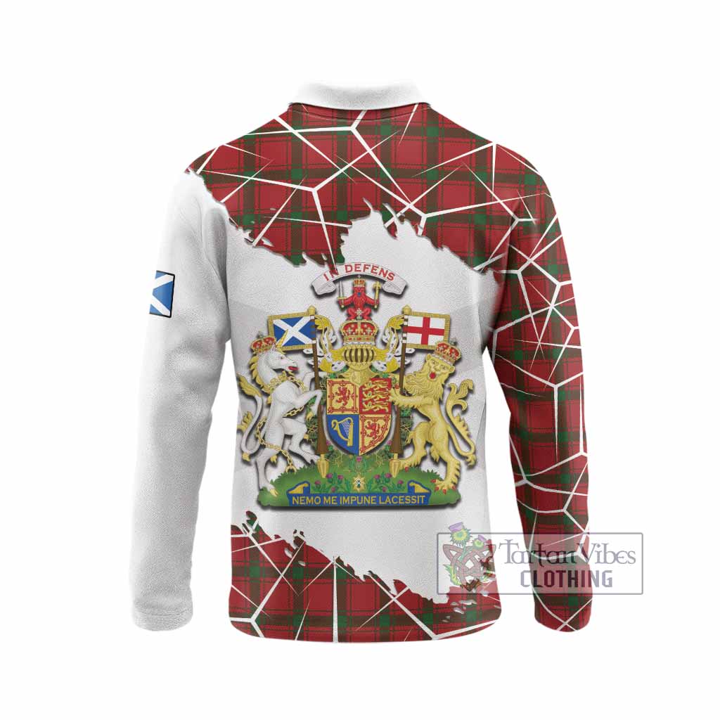 MacDonald (McDonald) of Sleat Tartan Long Sleeve Polo Shirt with Family Crest and Lion Rampant Grunge Style