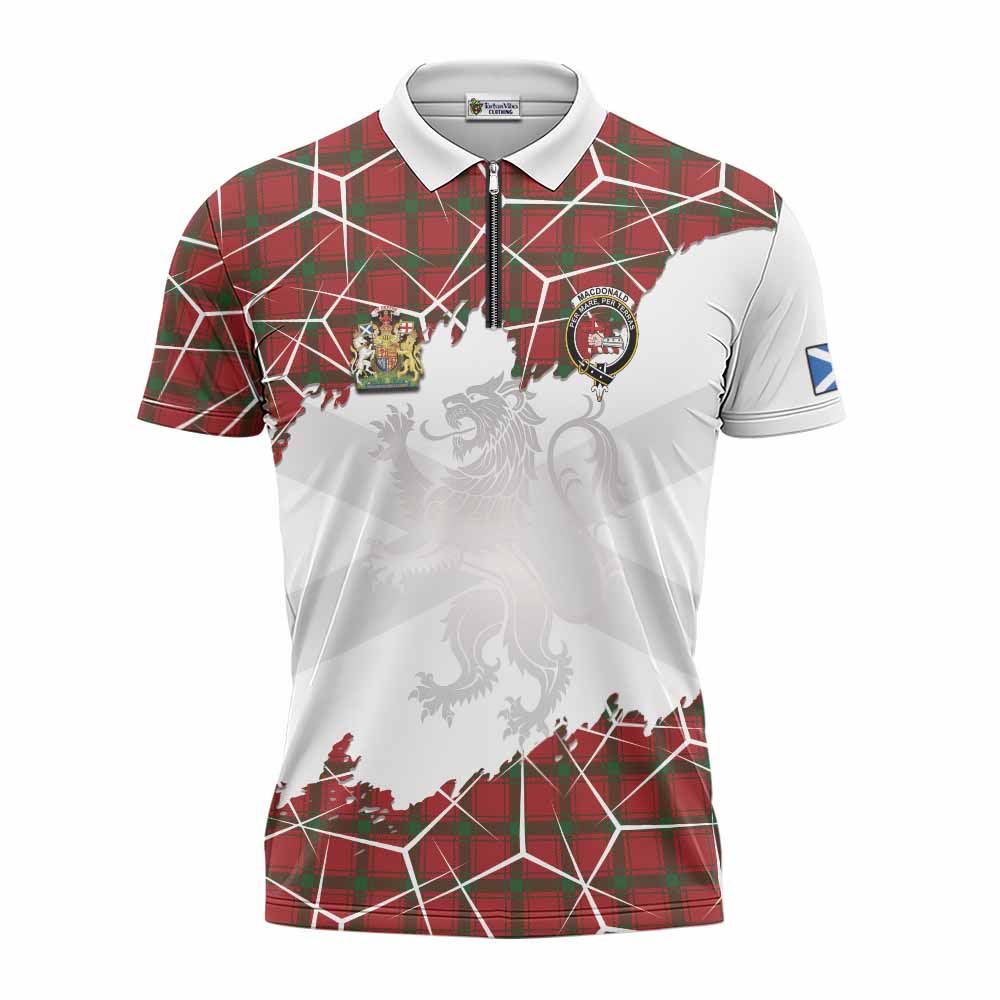 MacDonald (McDonald) of Sleat Tartan Zipper Polo Shirt with Family Crest and Lion Rampant Grunge Style