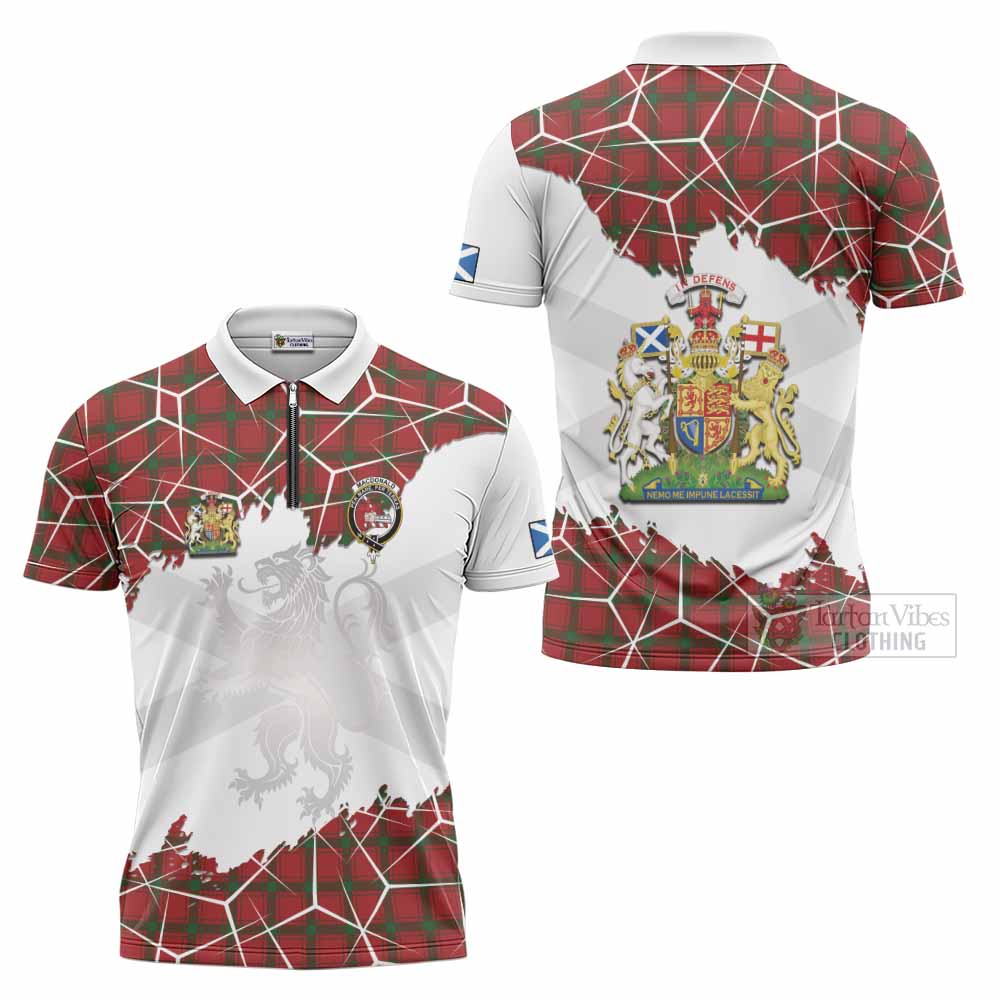 MacDonald (McDonald) of Sleat Tartan Zipper Polo Shirt with Family Crest and Lion Rampant Grunge Style