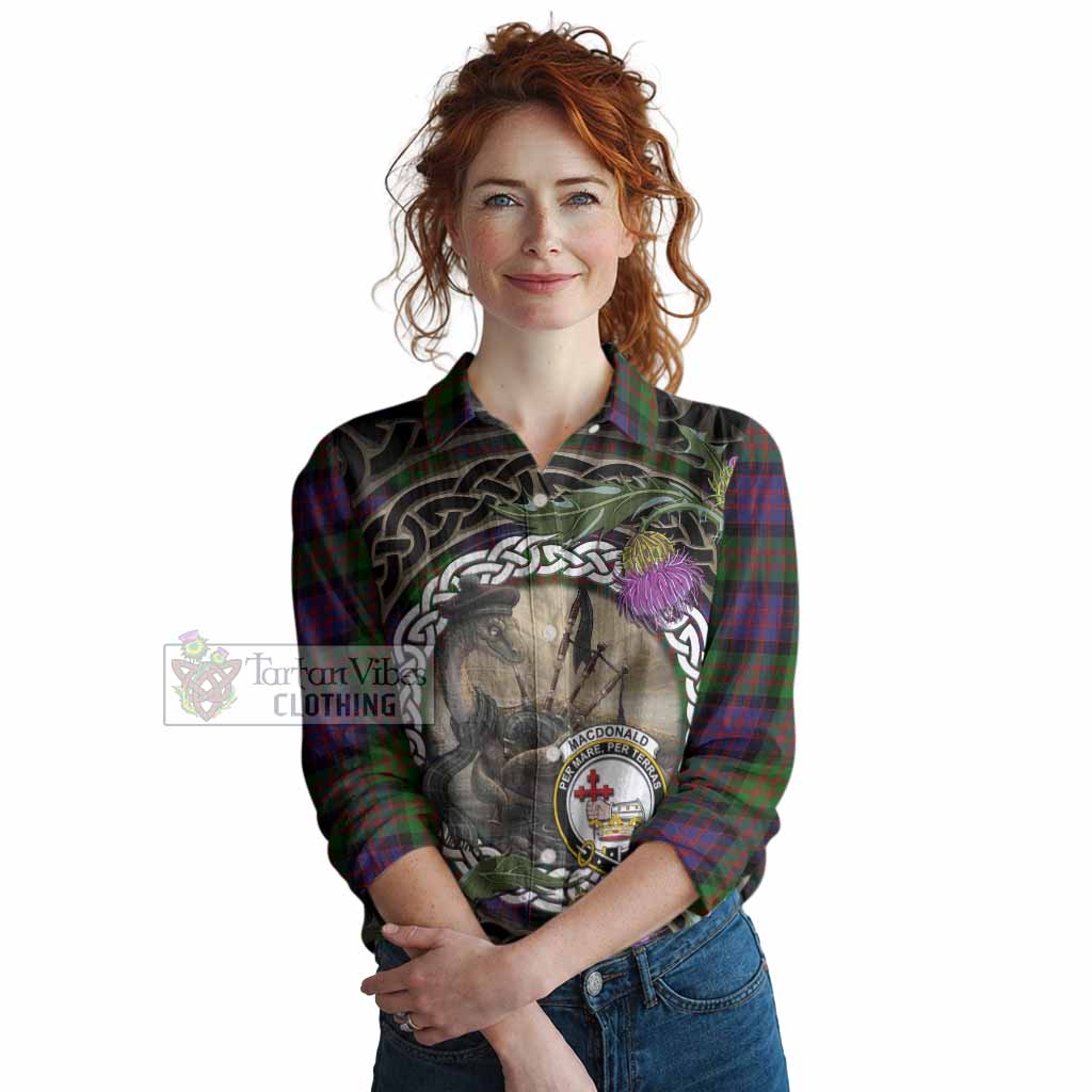 MacDonald (McDonald) Tartan Crest Bagpipe Nessie Women Casual Shirt Scottish Loch Ness Monster Celtic Thistle