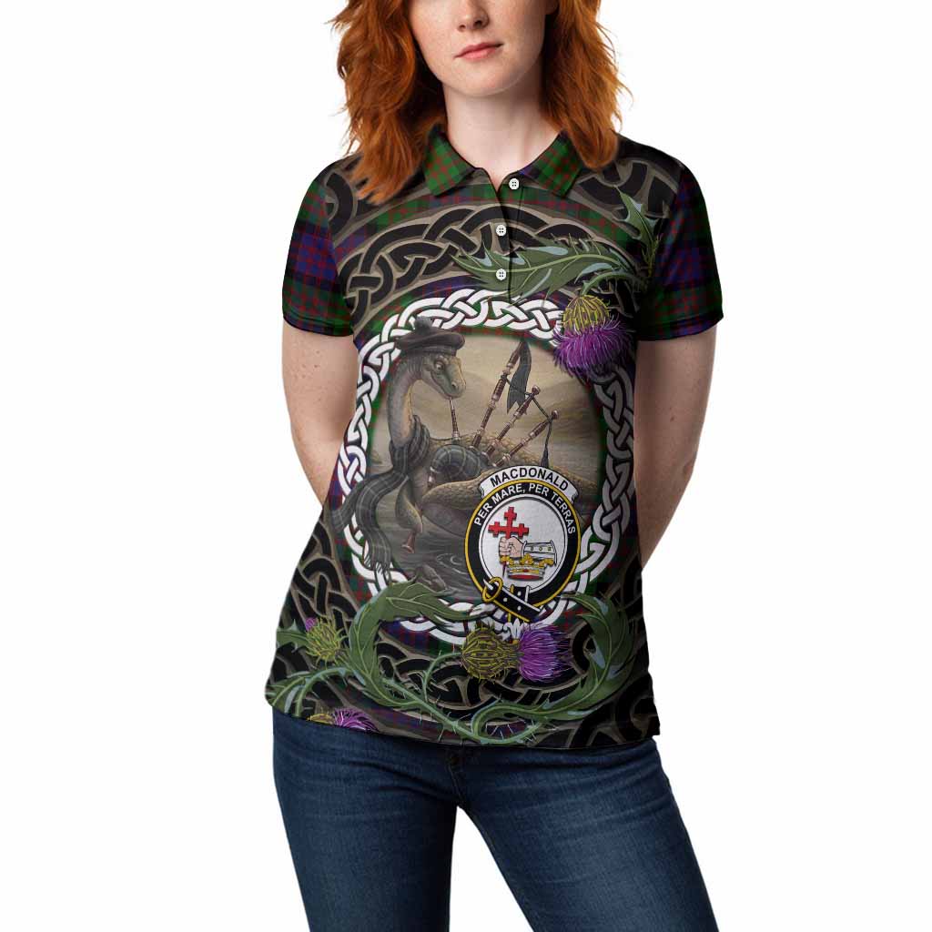 MacDonald (McDonald) Tartan Crest Bagpipe Nessie Women Polo Shirt Scottish Loch Ness Monster Celtic Thistle