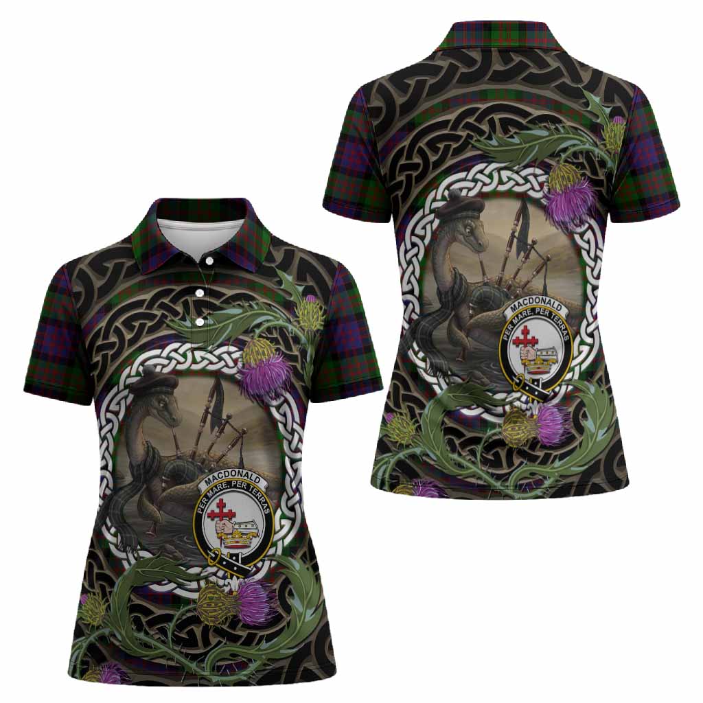 MacDonald (McDonald) Tartan Crest Bagpipe Nessie Women Polo Shirt Scottish Loch Ness Monster Celtic Thistle