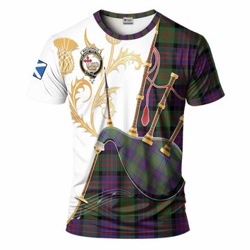 MacDonald (McDonald) Tartan Family Crest T-Shirt Bagpipes with Scottish Thistle