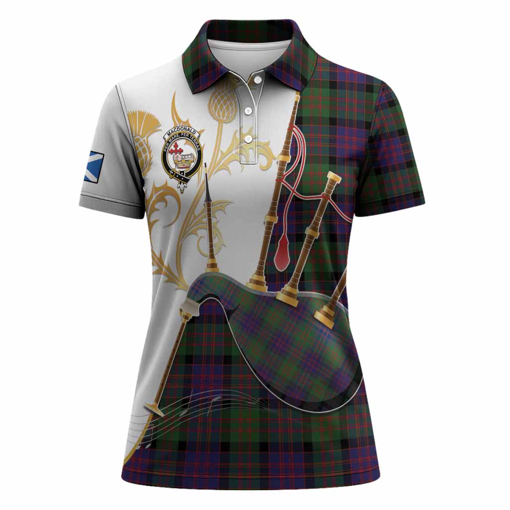 MacDonald (McDonald) Tartan Family Crest Women Polo Shirt Bagpipes with Scottish Thistle