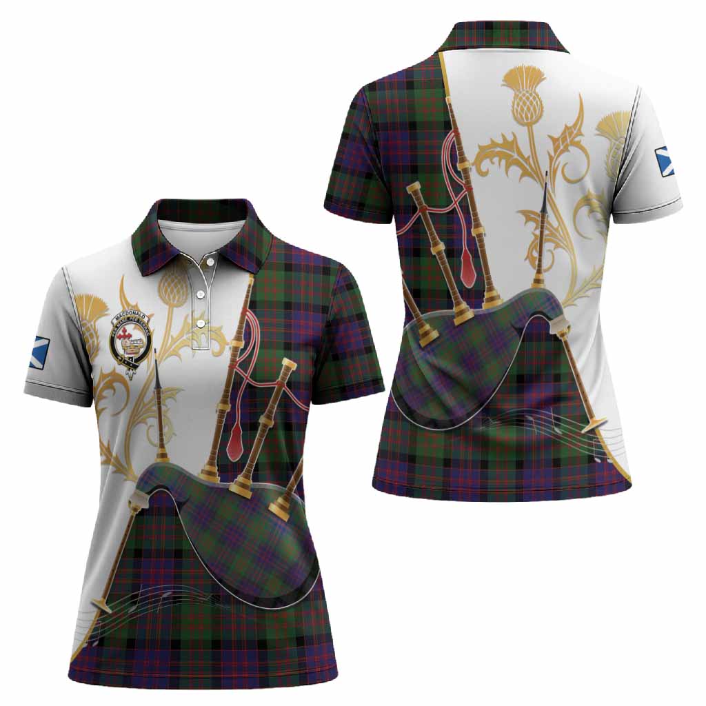 MacDonald (McDonald) Tartan Family Crest Women Polo Shirt Bagpipes with Scottish Thistle