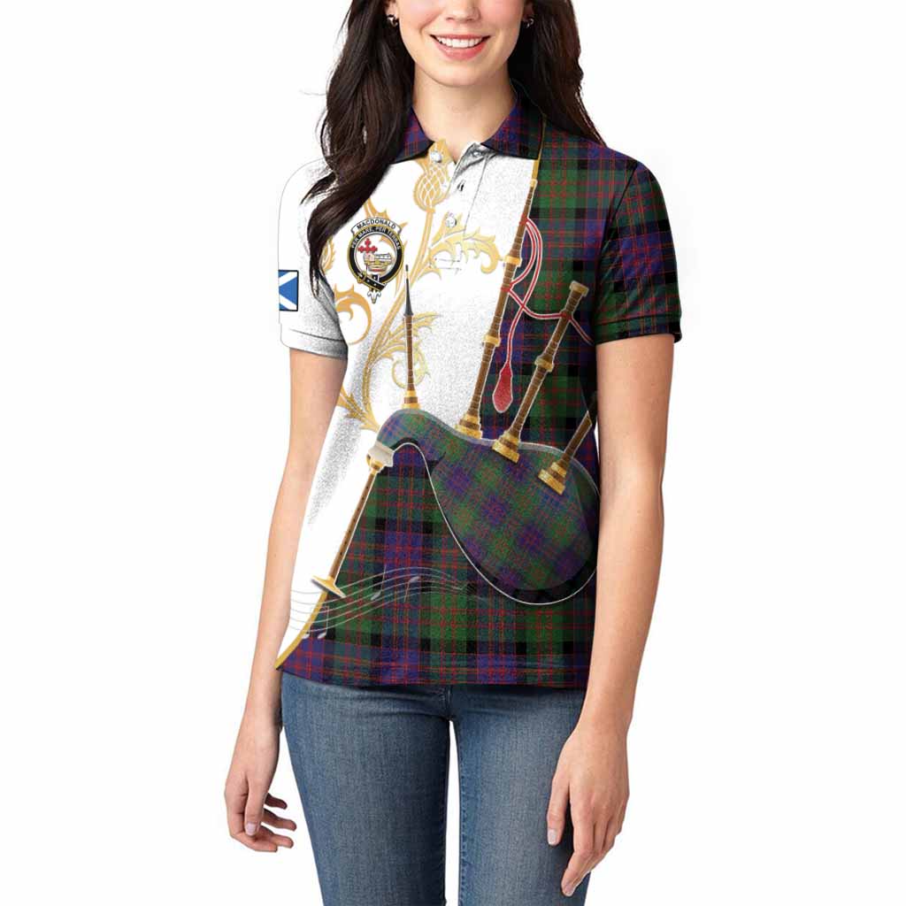 MacDonald (McDonald) Tartan Family Crest Women Polo Shirt Bagpipes with Scottish Thistle