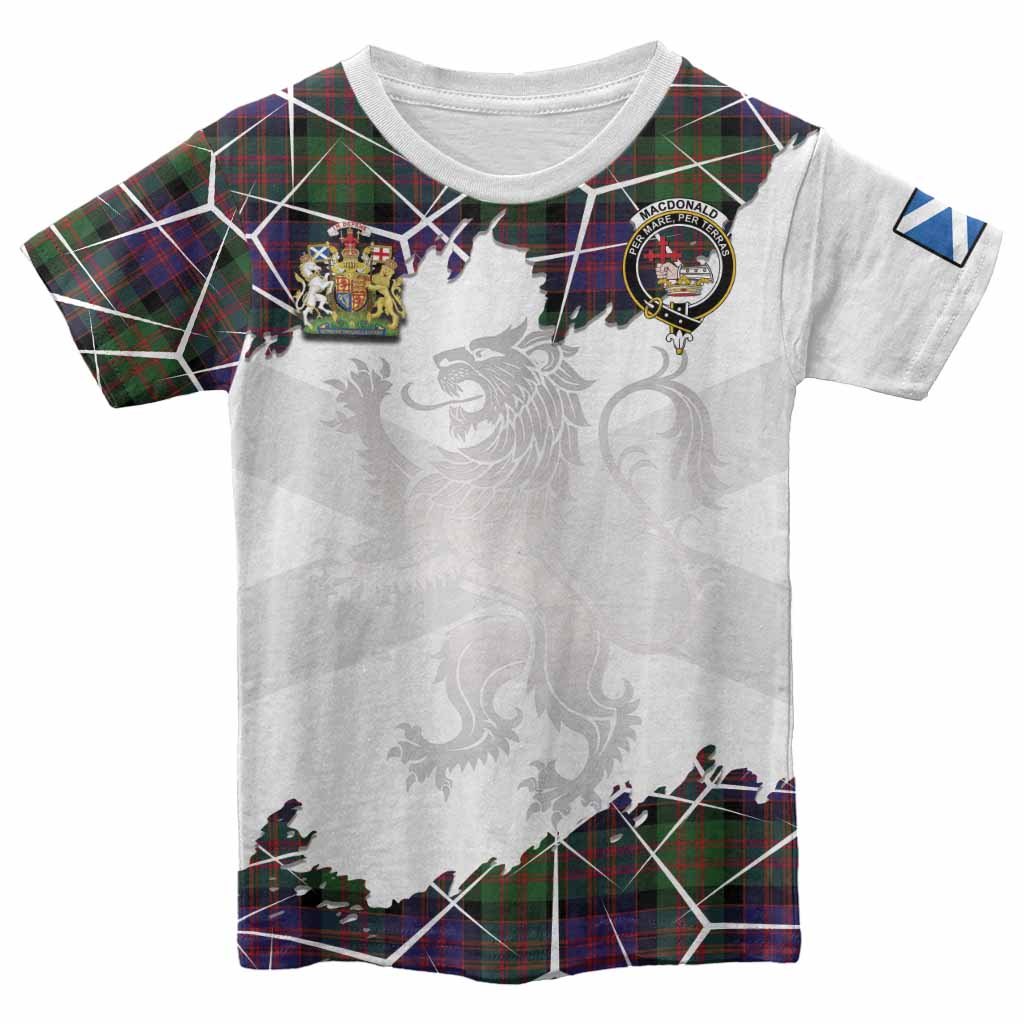 MacDonald (McDonald) Tartan Kid T-shirt with Family Crest and Lion Rampant Grunge Style