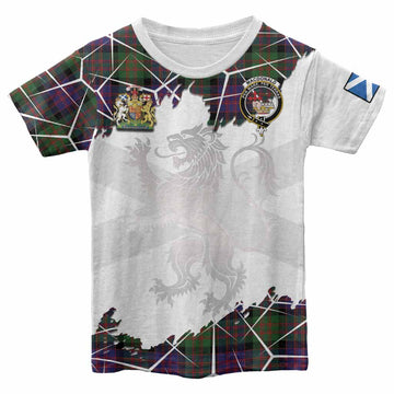 MacDonald (McDonald) Tartan Kid T-shirt with Family Crest and Lion Rampant Grunge Style
