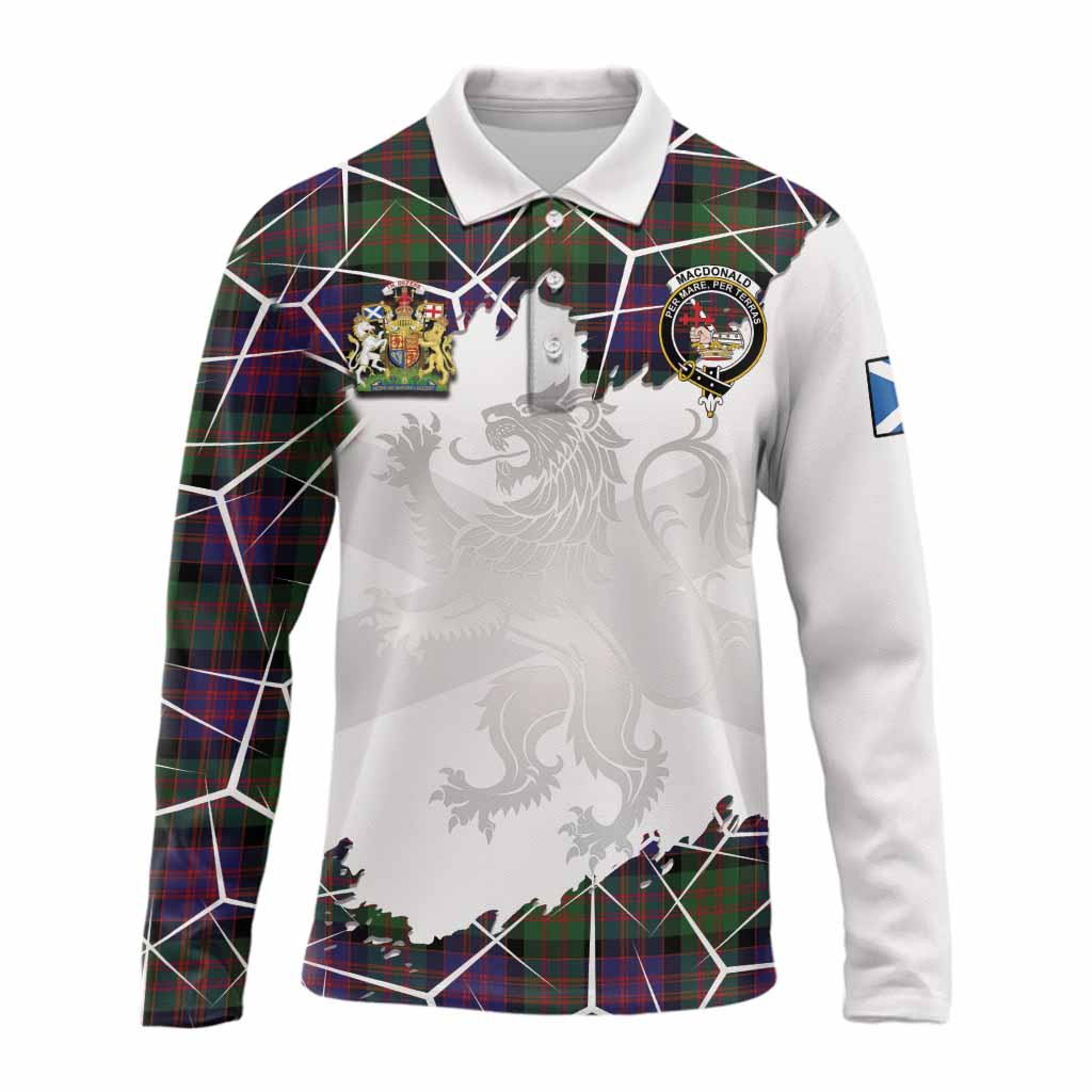 MacDonald (McDonald) Tartan Long Sleeve Polo Shirt with Family Crest and Lion Rampant Grunge Style