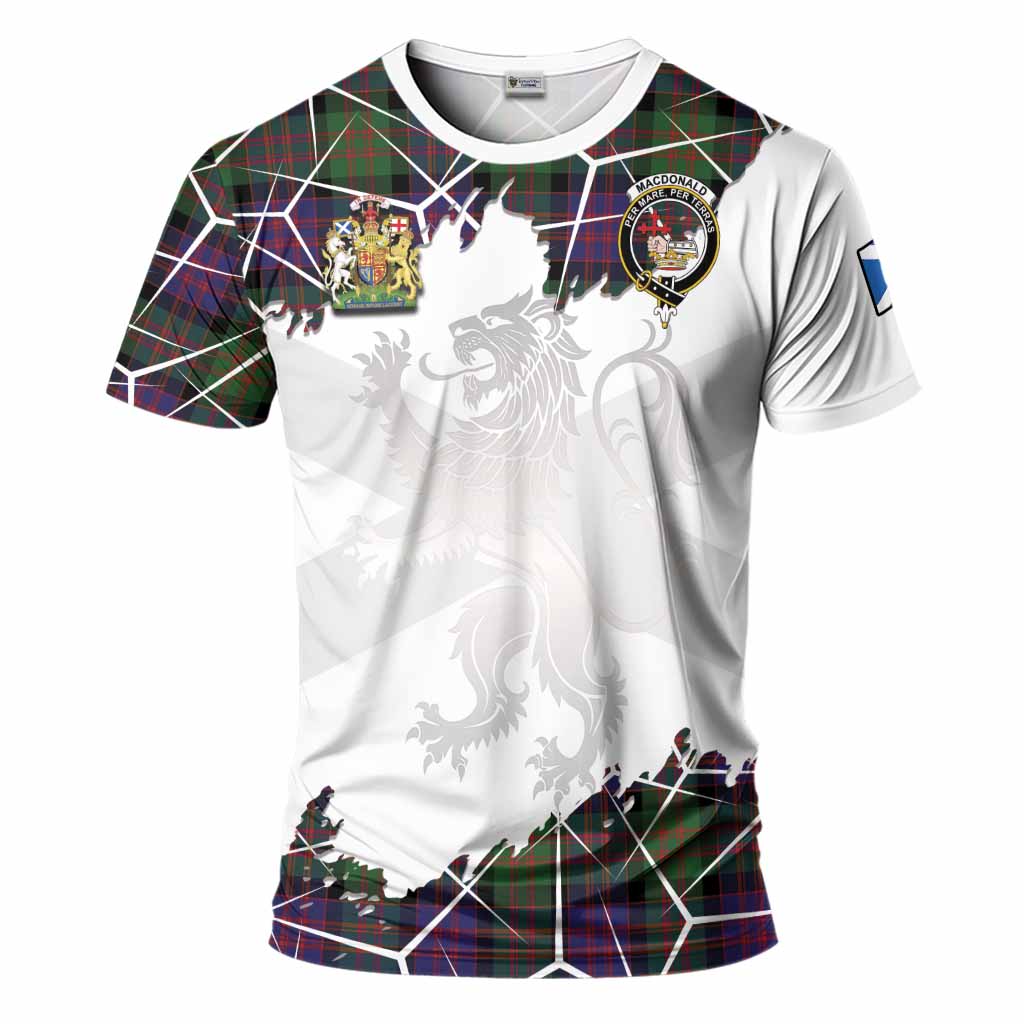 MacDonald (McDonald) Tartan T-Shirt with Family Crest and Lion Rampant Grunge Style