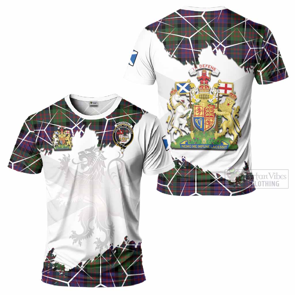 MacDonald (McDonald) Tartan T-Shirt with Family Crest and Lion Rampant Grunge Style