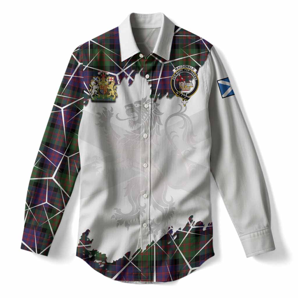 MacDonald (McDonald) Tartan Women Casual Shirt with Family Crest and Lion Rampant Grunge Style