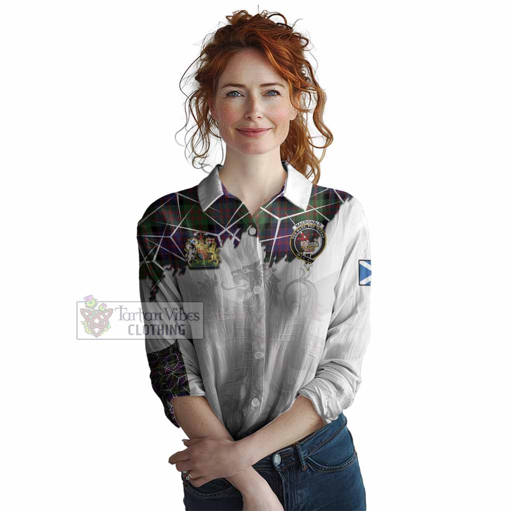 MacDonald (McDonald) Tartan Women Casual Shirt with Family Crest and Lion Rampant Grunge Style