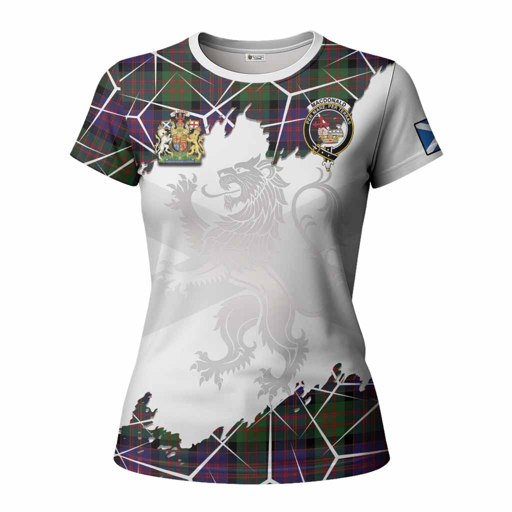MacDonald (McDonald) Tartan Women T shirt with Family Crest and Lion Rampant Grunge Style