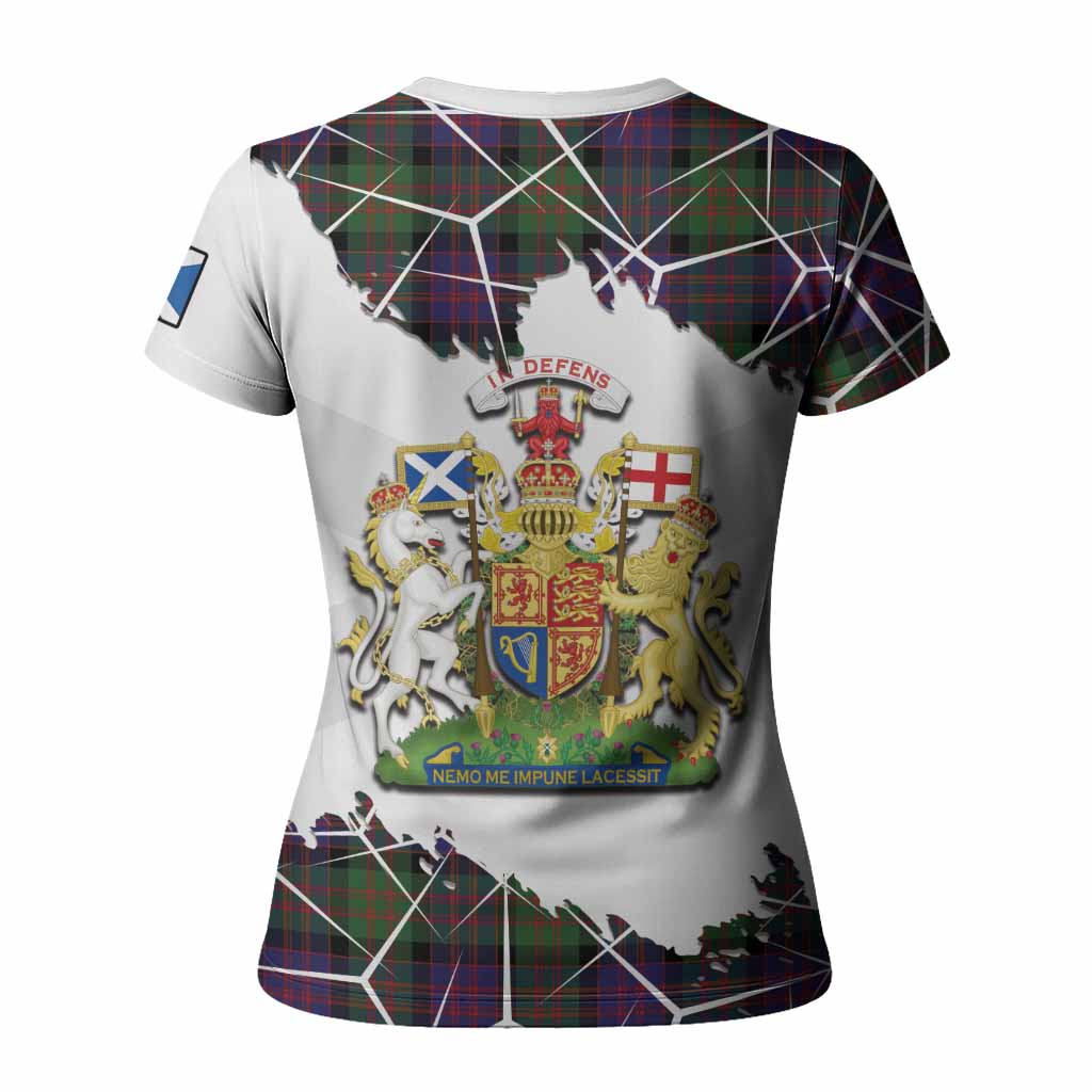MacDonald (McDonald) Tartan Women T shirt with Family Crest and Lion Rampant Grunge Style
