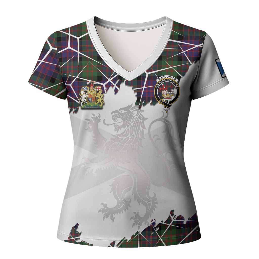 MacDonald (McDonald) Tartan Women T shirt with Family Crest and Lion Rampant Grunge Style
