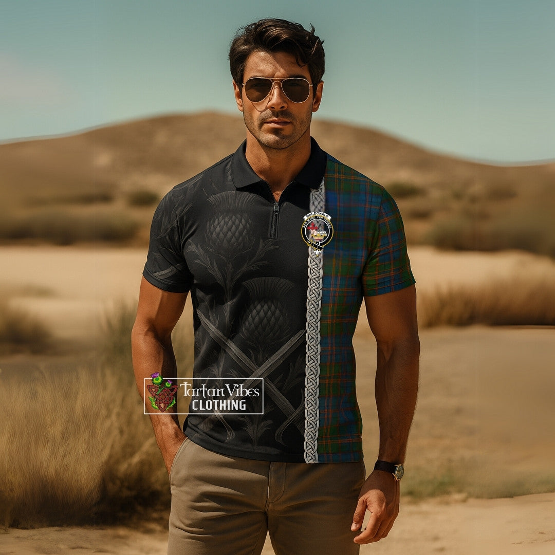 MacDonald (McDonald) Tartan Zipper Polo Shirt with Family Crest Cross Sword Thistle Celtic Vibes
