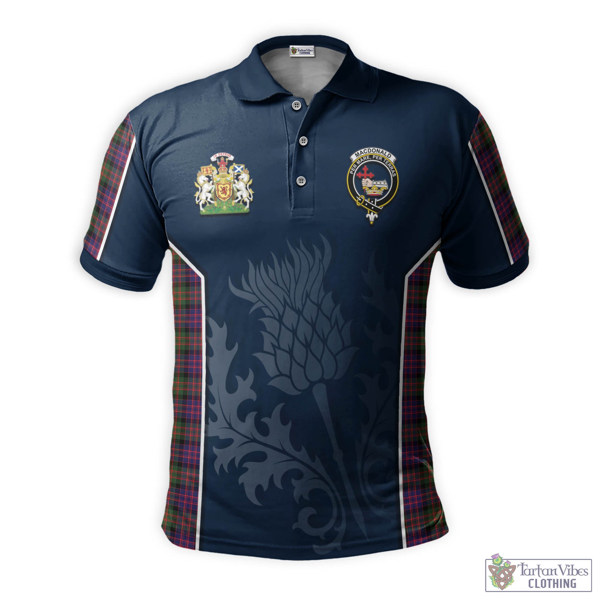 Tartan Vibes Clothing MacDonald Modern Tartan Men's Polo Shirt with Family Crest and Scottish Thistle Vibes Sport Style