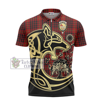 MacDonald of Ardnamurchan Tartan Zipper Polo Shirt with Family Crest Celtic Wolf Style - Tartanvibesclothing Shop
