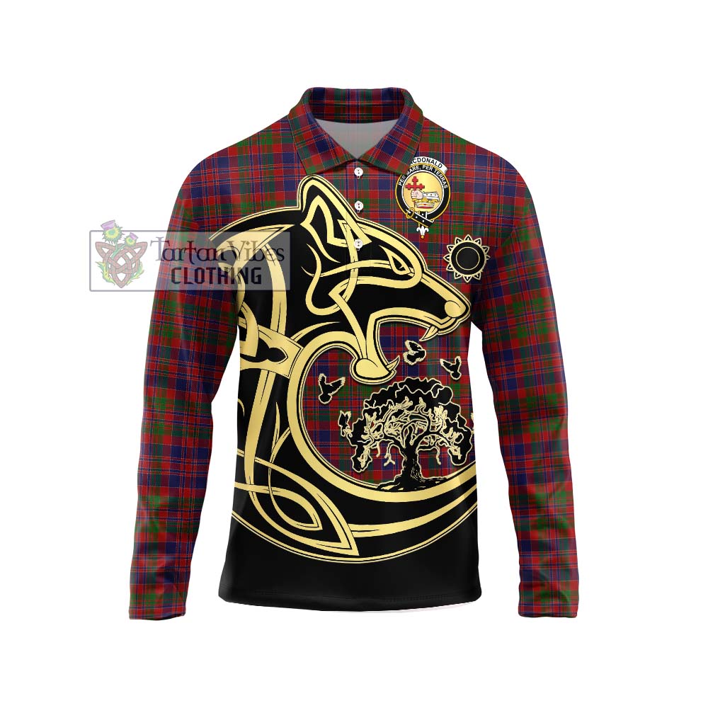 MacDonald of Boisdale Tartan Long Sleeve Polo Shirt with Family Crest Celtic Wolf Style Unisex - Tartanvibesclothing Shop