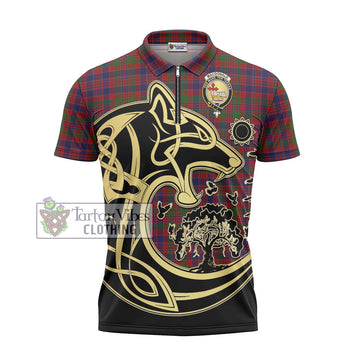 MacDonald of Boisdale Tartan Zipper Polo Shirt with Family Crest Celtic Wolf Style - Tartanvibesclothing Shop