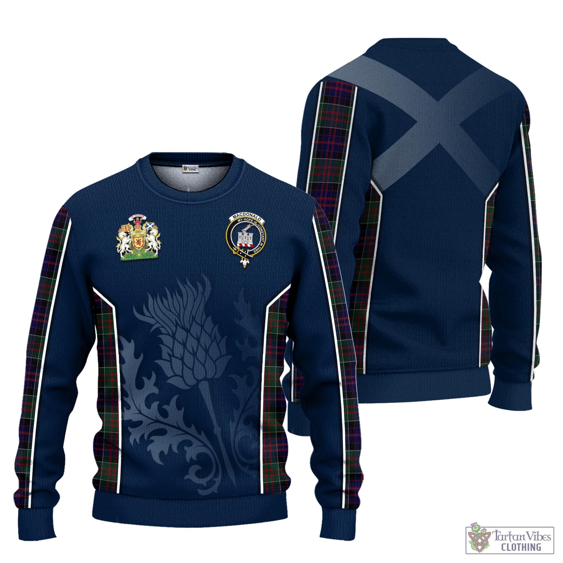 Tartan Vibes Clothing MacDonald of Clan Ranald Tartan Knitted Sweatshirt with Family Crest and Scottish Thistle Vibes Sport Style