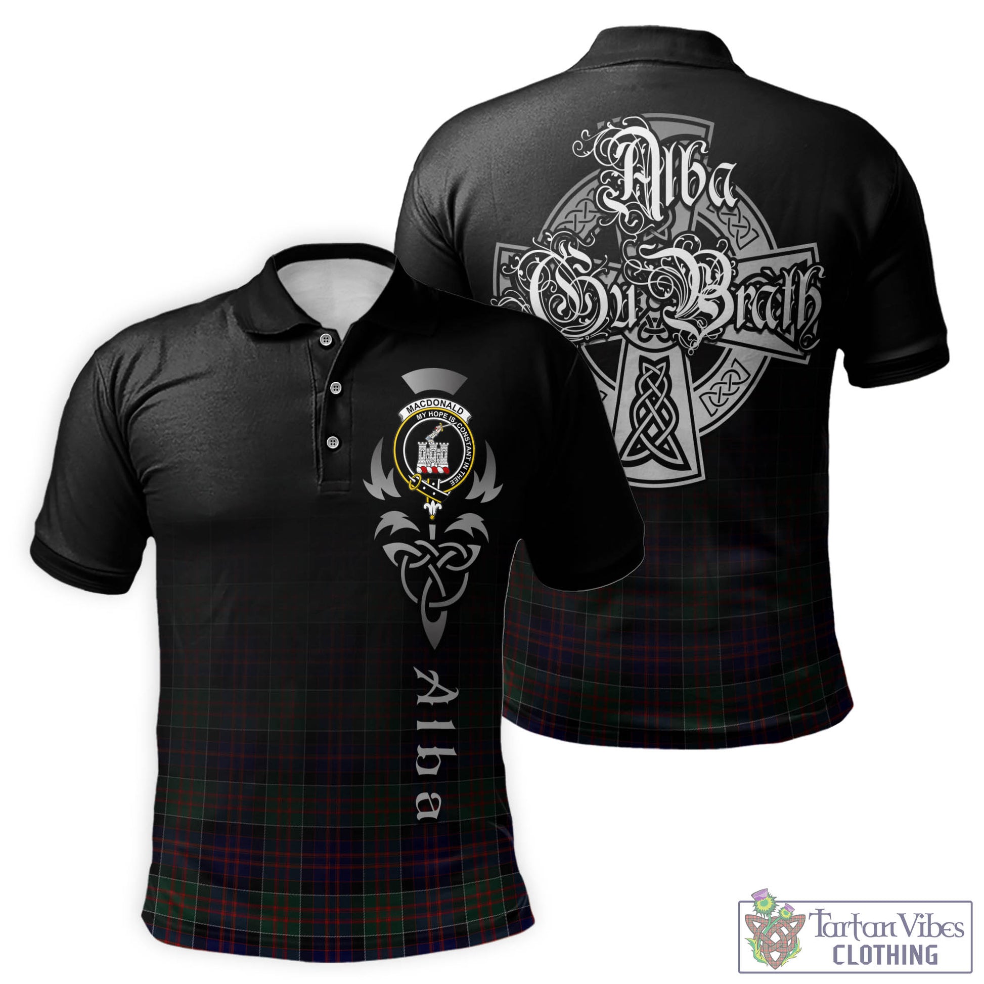 Tartan Vibes Clothing MacDonald of Clan Ranald Tartan Polo Shirt Featuring Alba Gu Brath Family Crest Celtic Inspired