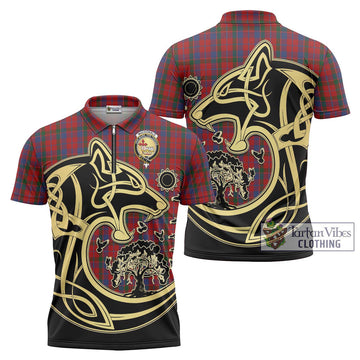MacDonald of Glenaladale Tartan Zipper Polo Shirt with Family Crest Celtic Wolf Style Unisex - Tartanvibesclothing Shop