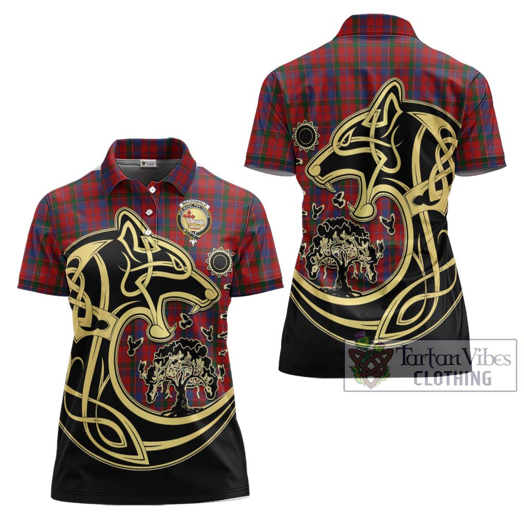 MacDonald of Glenaladale Tartan Women's Polo Shirt with Family Crest Celtic Wolf Style Women - Tartanvibesclothing Shop