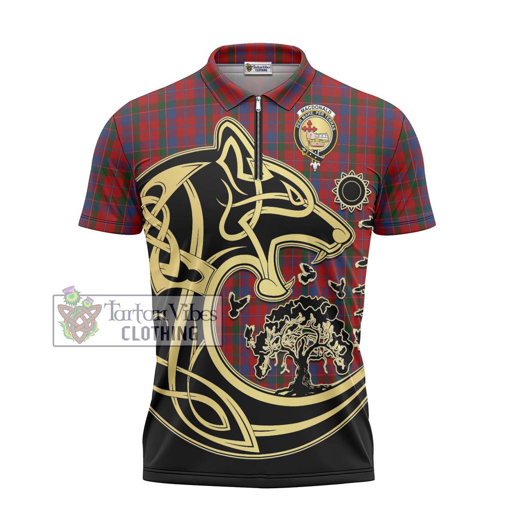 MacDonald of Glenaladale Tartan Zipper Polo Shirt with Family Crest Celtic Wolf Style - Tartanvibesclothing Shop