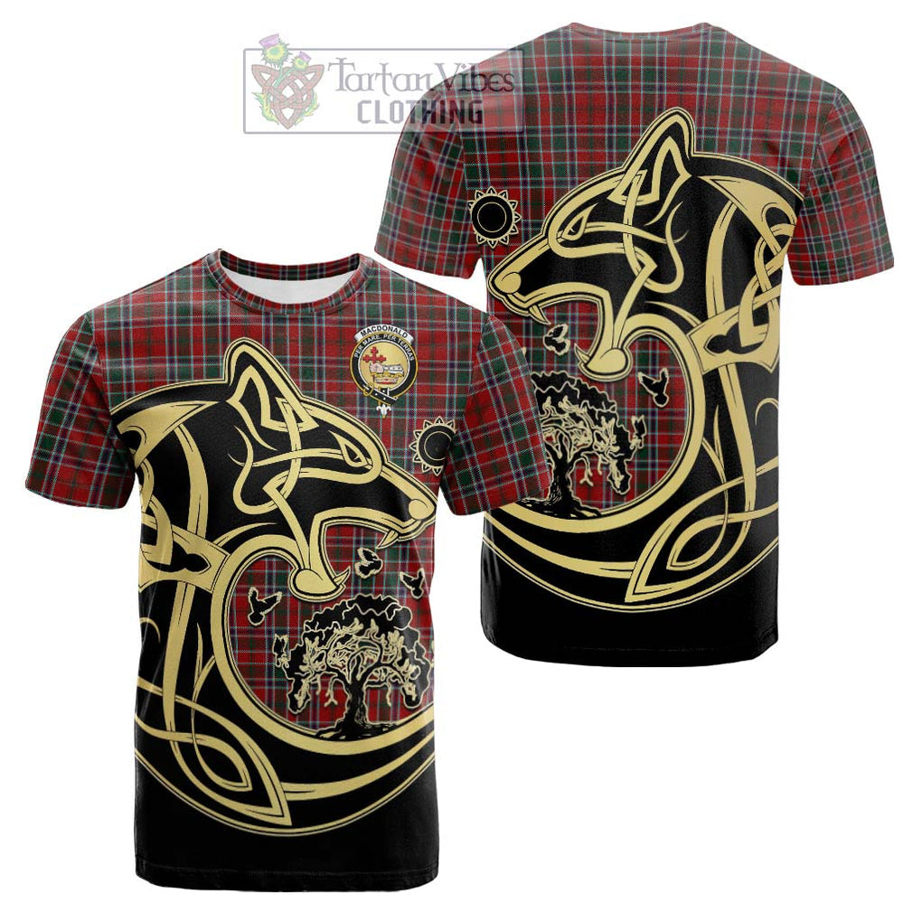Tartan Vibes Clothing MacDonald of Lochmaddy Tartan Cotton T-shirt with Family Crest Celtic Wolf Style