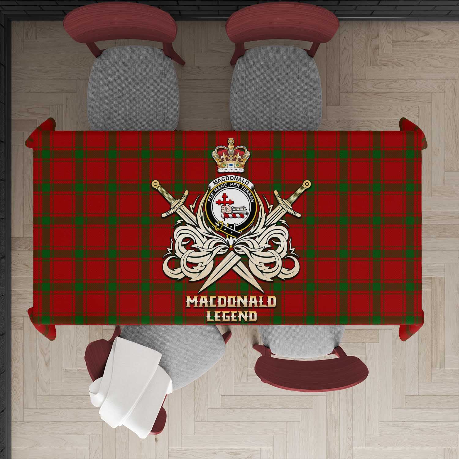 Tartan Vibes Clothing MacDonald of Sleat Tartan Tablecloth with Clan Crest and the Golden Sword of Courageous Legacy