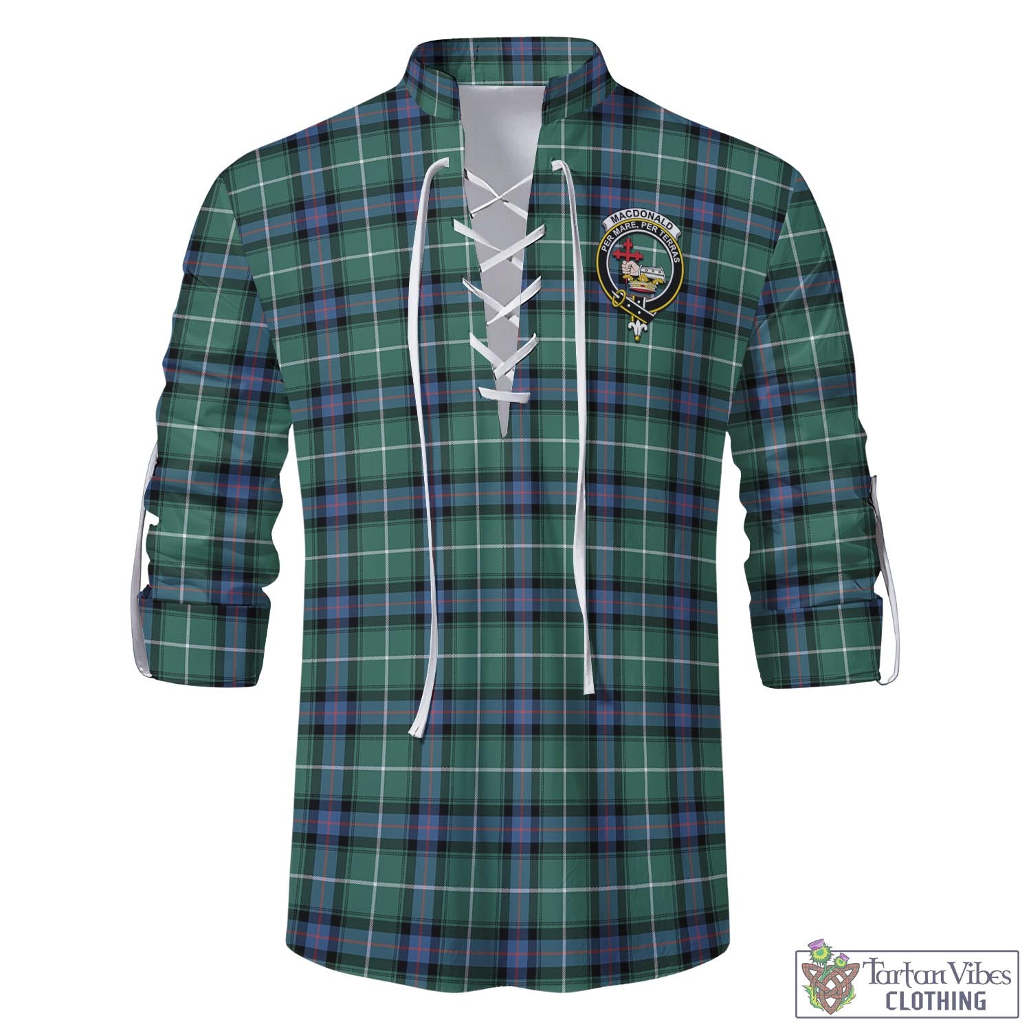 Tartan Vibes Clothing MacDonald of the Isles Hunting Ancient Tartan Men's Scottish Traditional Jacobite Ghillie Kilt Shirt with Family Crest
