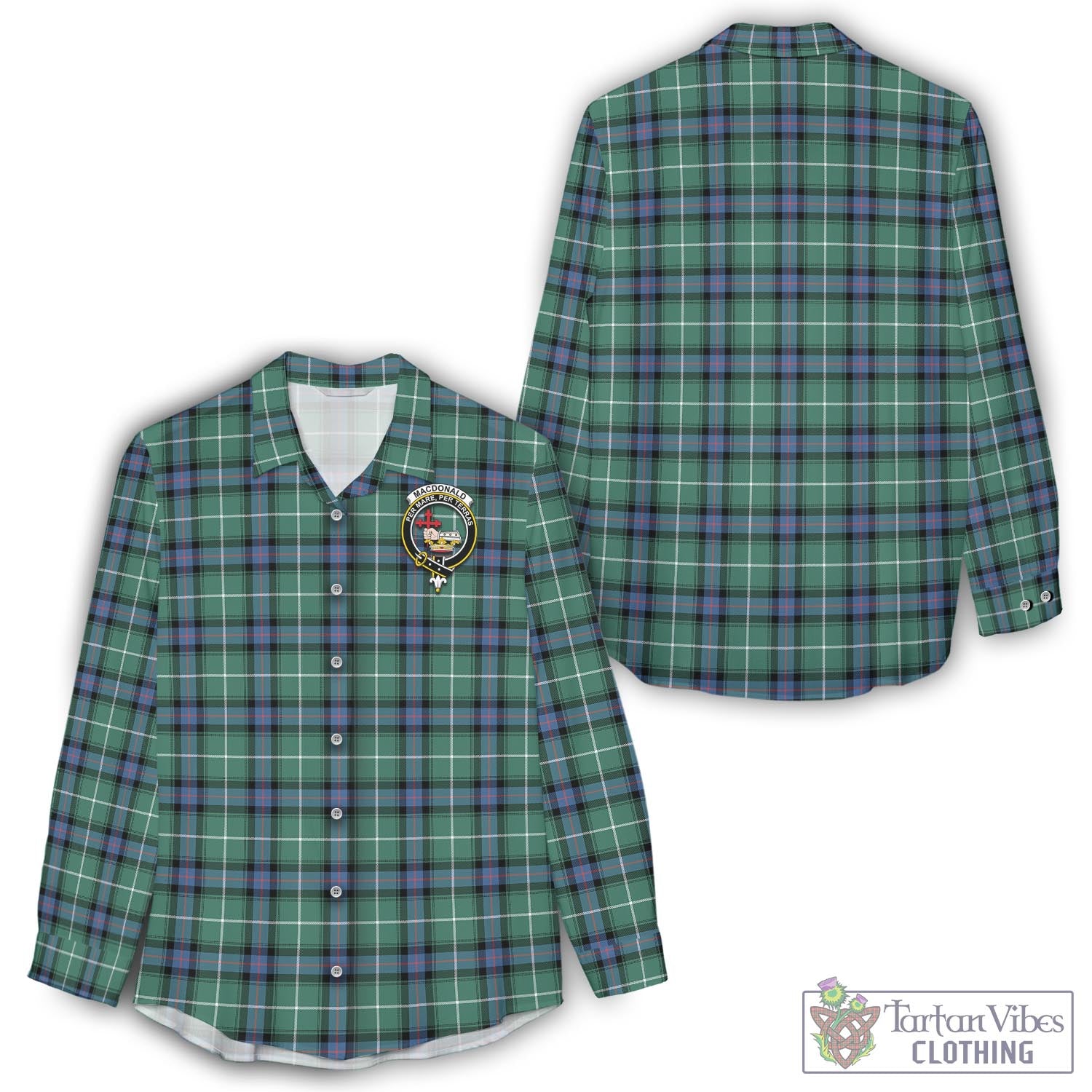 Tartan Vibes Clothing MacDonald of the Isles Hunting Ancient Tartan Womens Casual Shirt with Family Crest