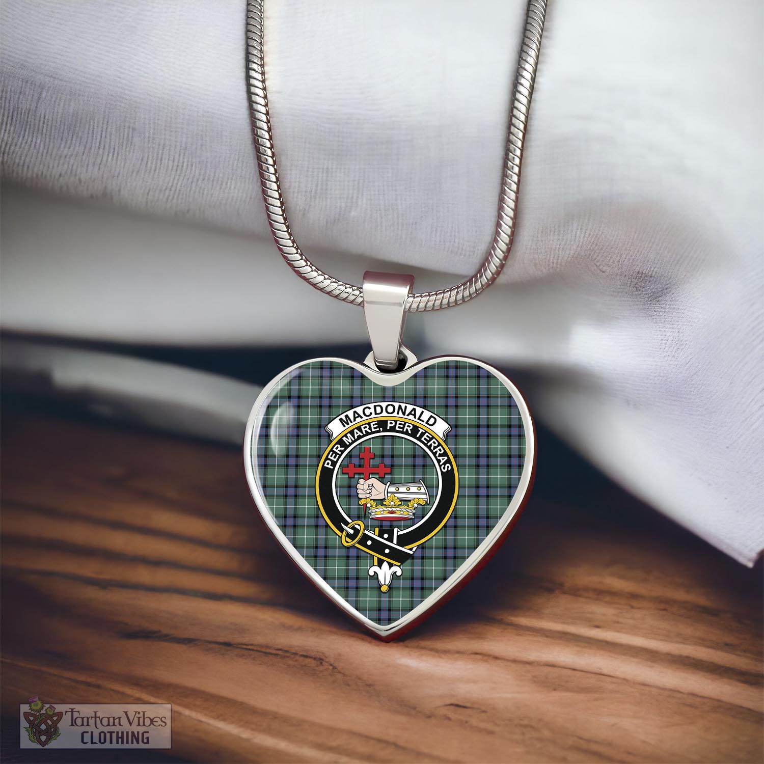 Tartan Vibes Clothing MacDonald of the Isles Hunting Ancient Tartan Heart Necklace with Family Crest