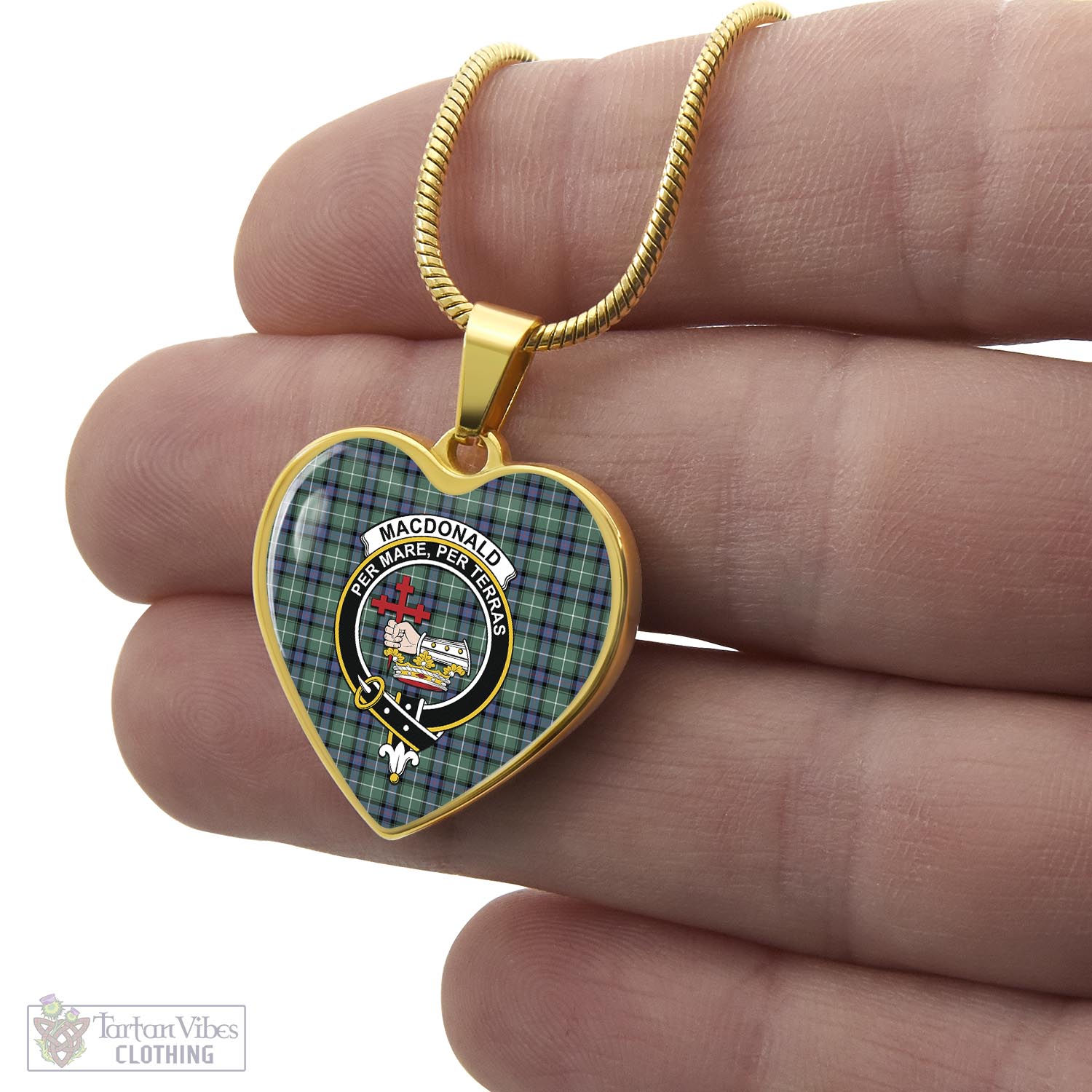 Tartan Vibes Clothing MacDonald of the Isles Hunting Ancient Tartan Heart Necklace with Family Crest