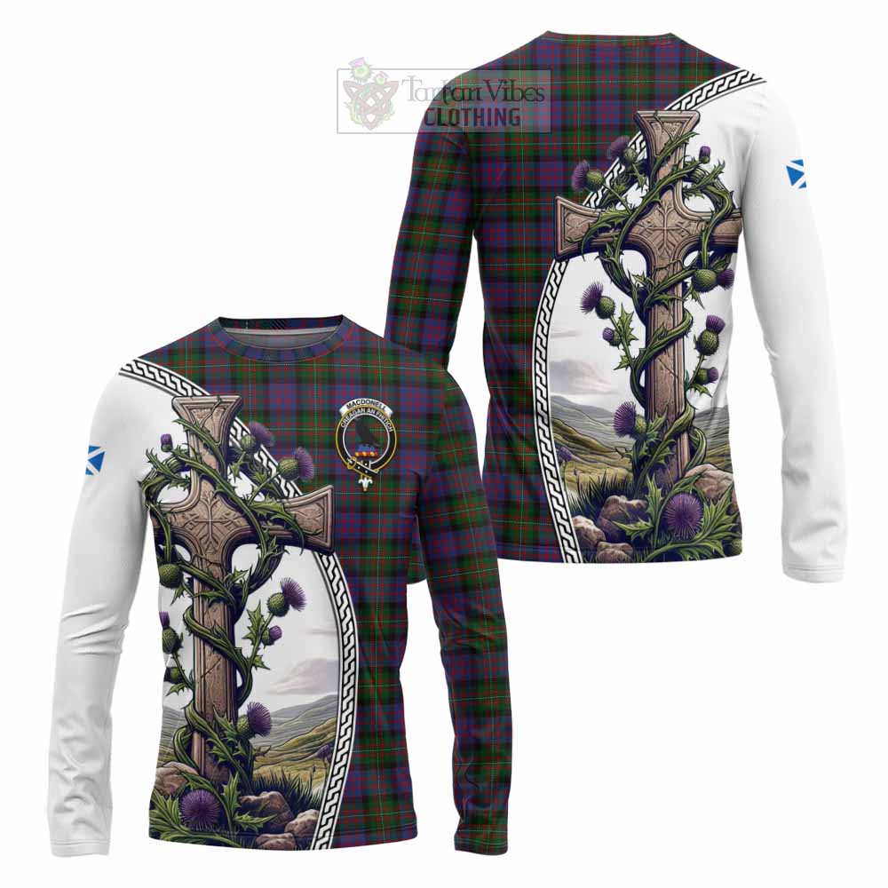 MacDonell (McDonell) Tartan Long Sleeve T-Shirt with Family Crest and St. Andrew's Cross Accented by Thistle Vines Unisex - Tartan Vibes Clothing