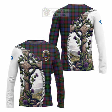 MacDonell (McDonell) Tartan Long Sleeve T-Shirt with Family Crest and St. Andrew's Cross Accented by Thistle Vines Unisex - Tartan Vibes Clothing