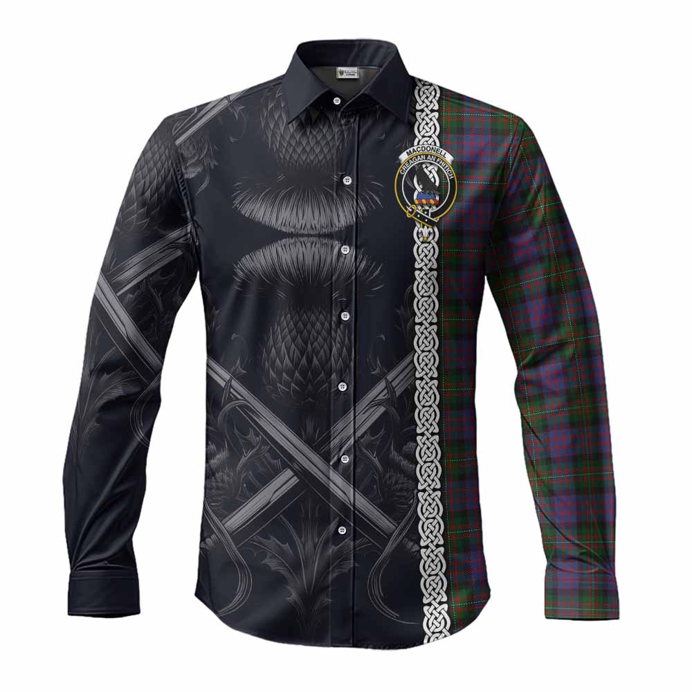 Tartan Vibes Clothing MacDonell (McDonell) Tartan Long Sleeve Button Shirt with Family Crest Cross Sword Thistle Celtic Vibes