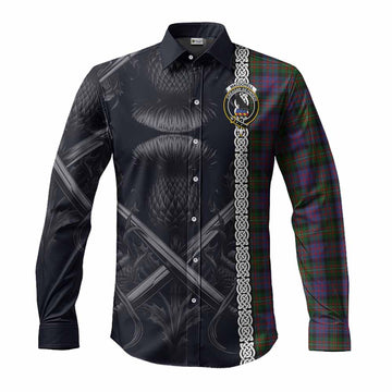 Tartan Vibes Clothing MacDonell (McDonell) Tartan Long Sleeve Button Shirt with Family Crest Cross Sword Thistle Celtic Vibes
