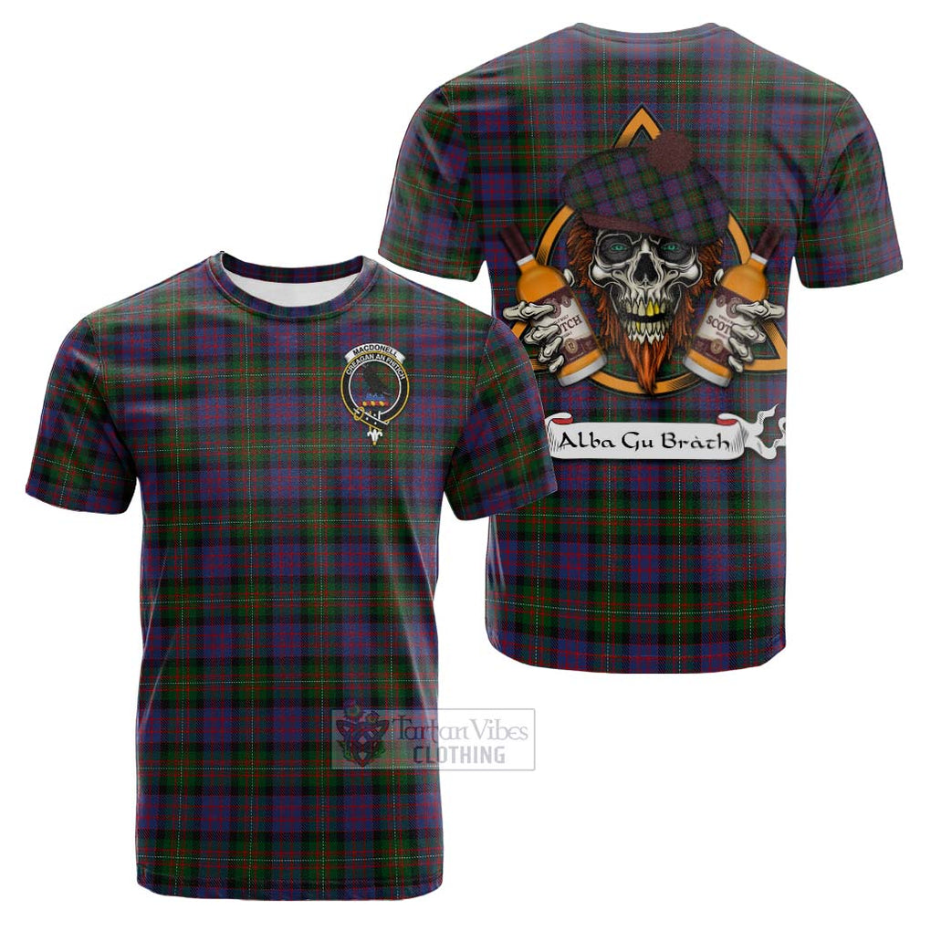 Tartan Vibes Clothing MacDonell (McDonell) Tartan Cotton T-shirt with Family Crest and Bearded Skull Holding Bottles of Whiskey