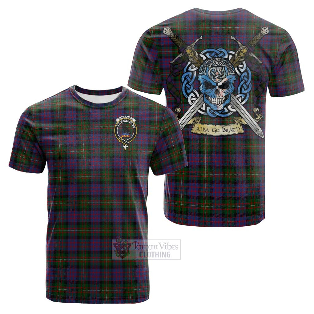 Tartan Vibes Clothing MacDonell (McDonell) Tartan Cotton T-shirt with Family Crest Celtic Skull Style
