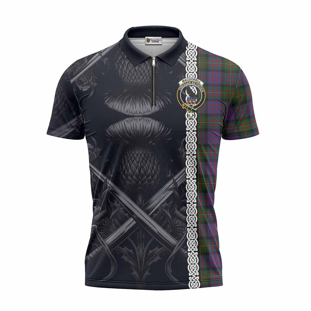 MacDonell (McDonell) Tartan Zipper Polo Shirt with Family Crest Cross Sword Thistle Celtic Vibes Unisex - Tartan Vibes Clothing